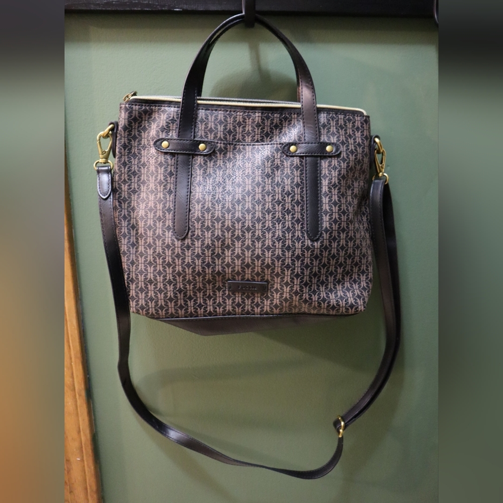 Fossil Leather Black and Brown Patterned Tote Bag Purse